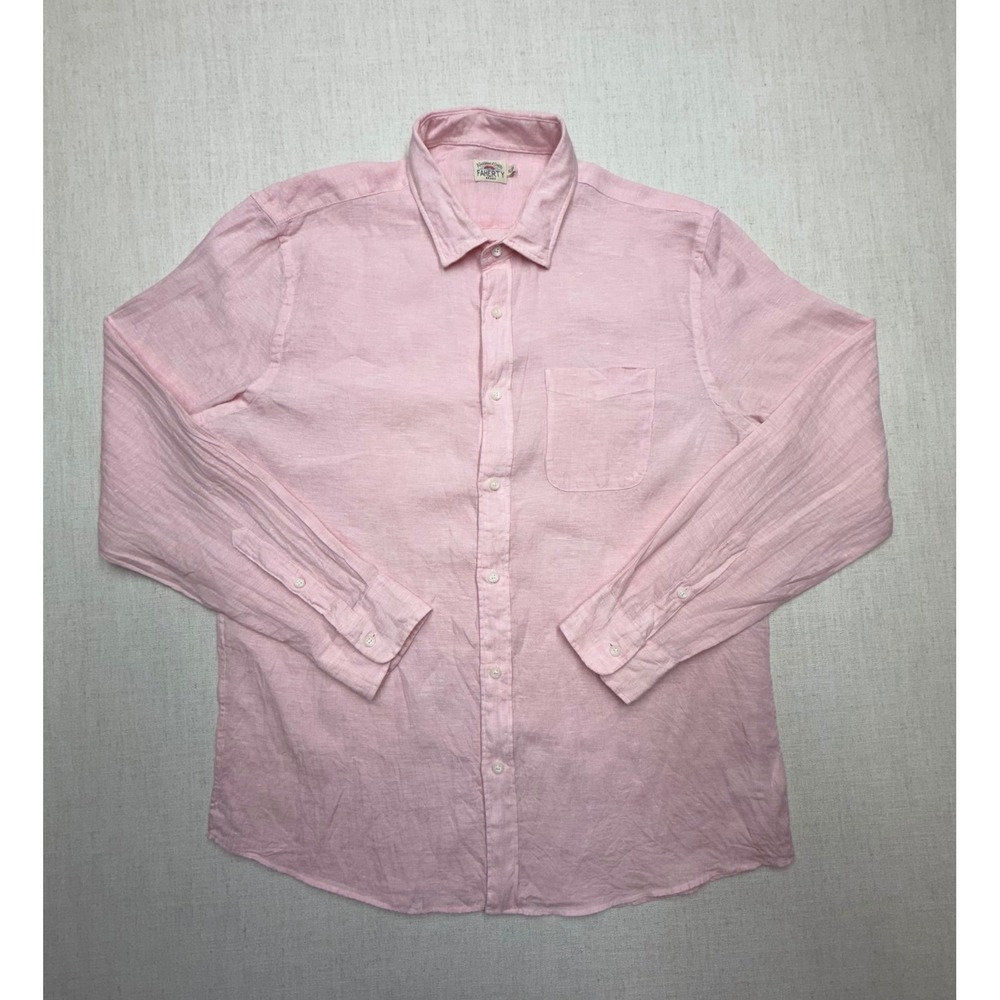 Faherty Brand Mens XL Pink 100% Linen Long Sleeve Button Down Shirt Pocket